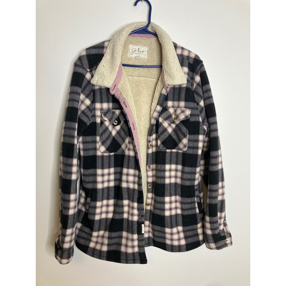 Soho Threads Shacket Women XXL Pink Black Plaid Sherpa Lined Fleece Shirt Jacket